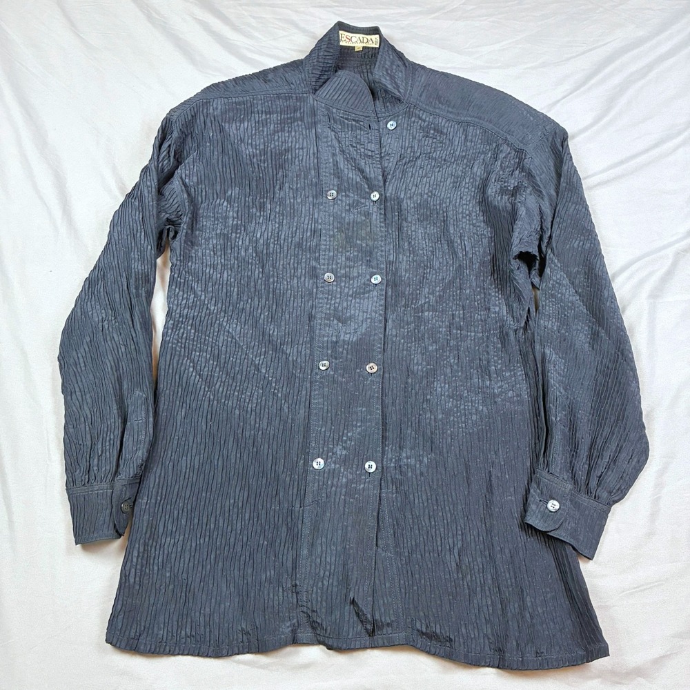 Escada Blouse Womens 38 Black Crinkled Pleated Double Breasted VTG Blouse Italy